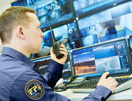 FPI Security Services Officer in uniform looking at cameras in control room. The uniform is blue and the officer is staring at a wall of monitors while holding a walkie talkie in his hand.