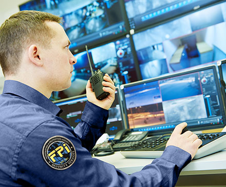 FPI Security Services Officer in uniform looking at cameras in control room. The uniform is blue and the officer is staring at a wall of monitors while holding a walkie talkie in his hand.